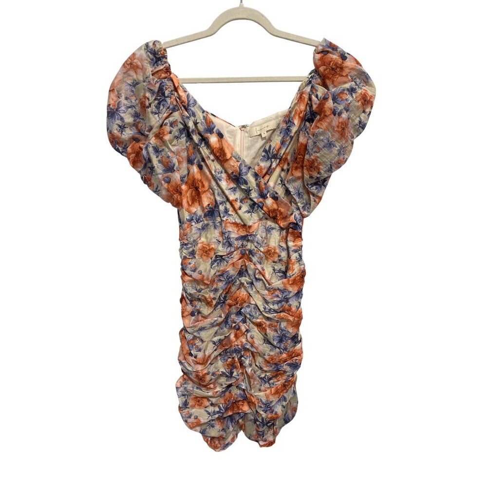 Fanco Mini Dress Size Small Floral Ruched Surplice Neck Orange Blue Boho Cottage